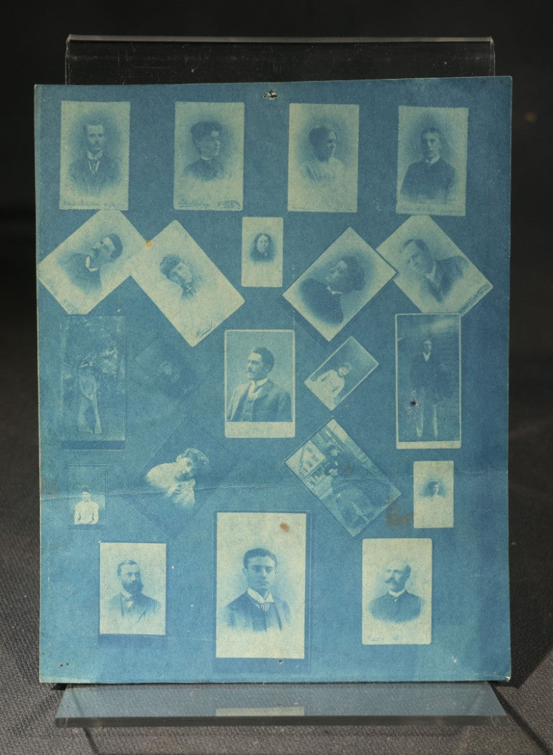 Grouping of 12 Antique Cyanotype Photographs including "Weirs Wreck" Train Derailment, Occupational Newspaper Deliveryman with "The Sun" Cart, Naval Warships, Cyanotype on Birch Bark, Man with Bicycle, and Photo Gallery Interior