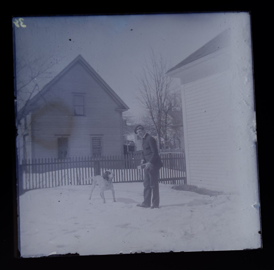 Grouping of 38 Antique Glass Plate Photographic Negatives including Interior and Exterior Views, Portraits, and Domestic Scenes
