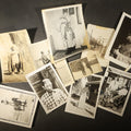 Lot 097 - Grouping of 14 Vintage Snapshot Photographs of Costumes, Masks, and Oddities Including Grim Reaper Painted Smock, Barber Shop Gag Scene, and Camp Blanding Military Stunt