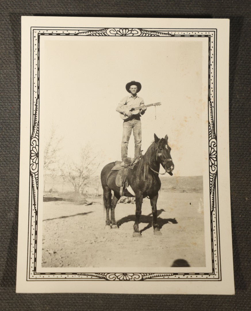 Grouping of 14 Vintage Snapshot Photographs of Costumes, Masks, and Oddities including Grim Reaper Painted Smock, Barber Shop Gag Scene, and Camp Blanding Military Stunt