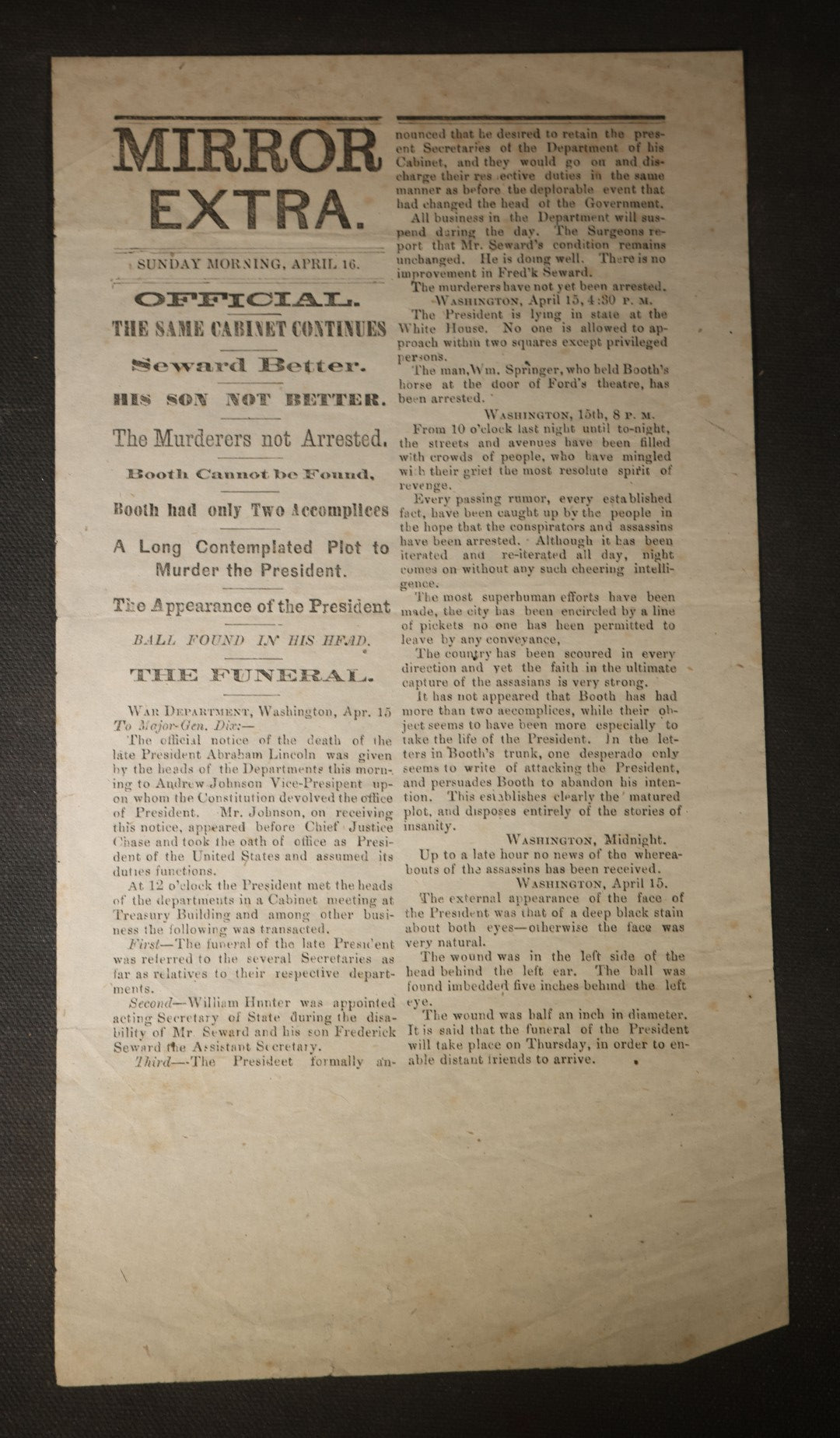 Antique "Mirror Extra" Newspaper Broadside, Sunday Morning, April 16, 1865, Reporting the Assassination of President Abraham Lincoln