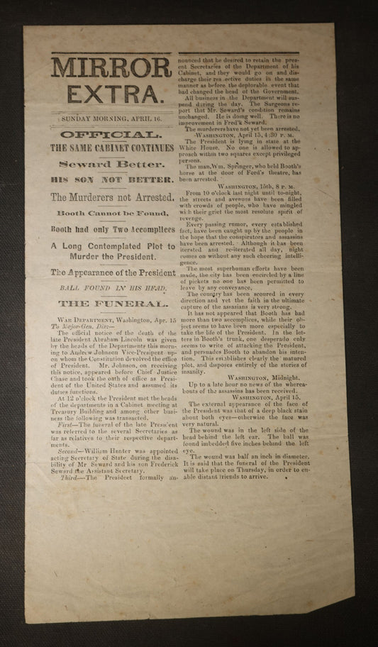 Antique "Mirror Extra" Newspaper Broadside, Sunday Morning, April 16, 1865, Reporting the Assassination of President Abraham Lincoln