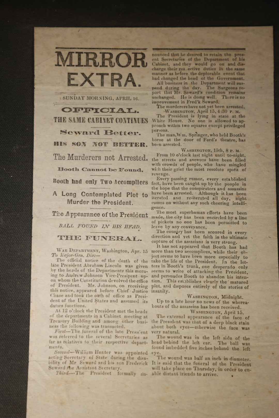 Antique "Mirror Extra" Newspaper Broadside, Sunday Morning, April 16, 1865, Reporting the Assassination of President Abraham Lincoln