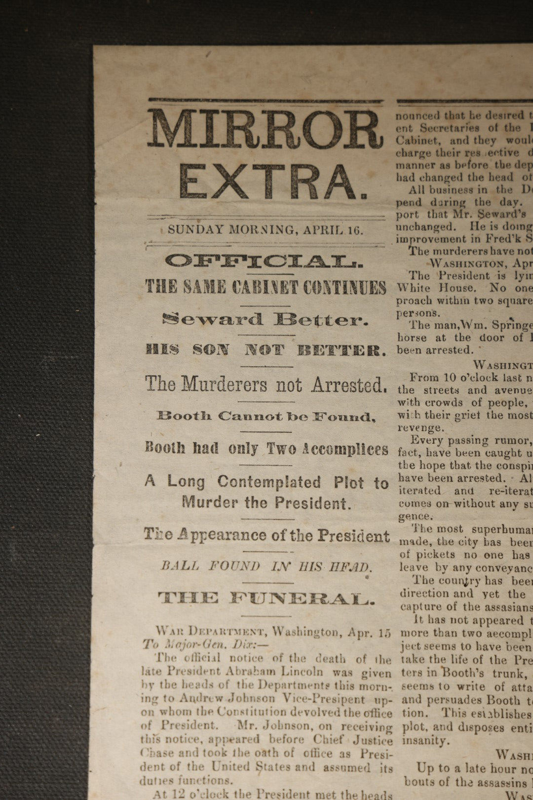 Antique "Mirror Extra" Newspaper Broadside, Sunday Morning, April 16, 1865, Reporting the Assassination of President Abraham Lincoln