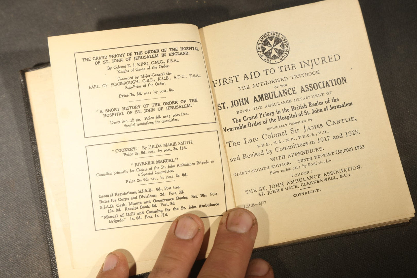 "First Aid to the Injured" Vintage St. John Ambulance Association Medical Textbook by Sir James Cantlie with Anatomical Illustrations and Fold-Out Diagram, 38th Edition, London, 1933