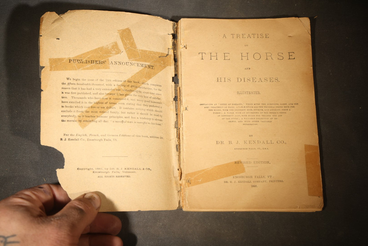 "A Treatise on the Horse and His Diseases" Antique Illustrated Equine Veterinary Booklet, Revised Edition, Published by Dr. B. J. Kendall Company, Enosburgh Falls, Vermont, 1881