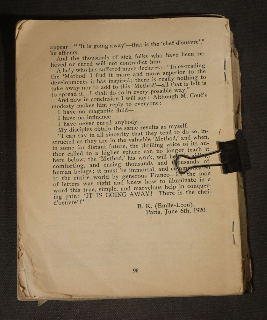 "Self Mastery Through Conscious Autosuggestion" Antique Self-Help Booklet by Emile Coue, Published by Book Readers Service, New York, 1923