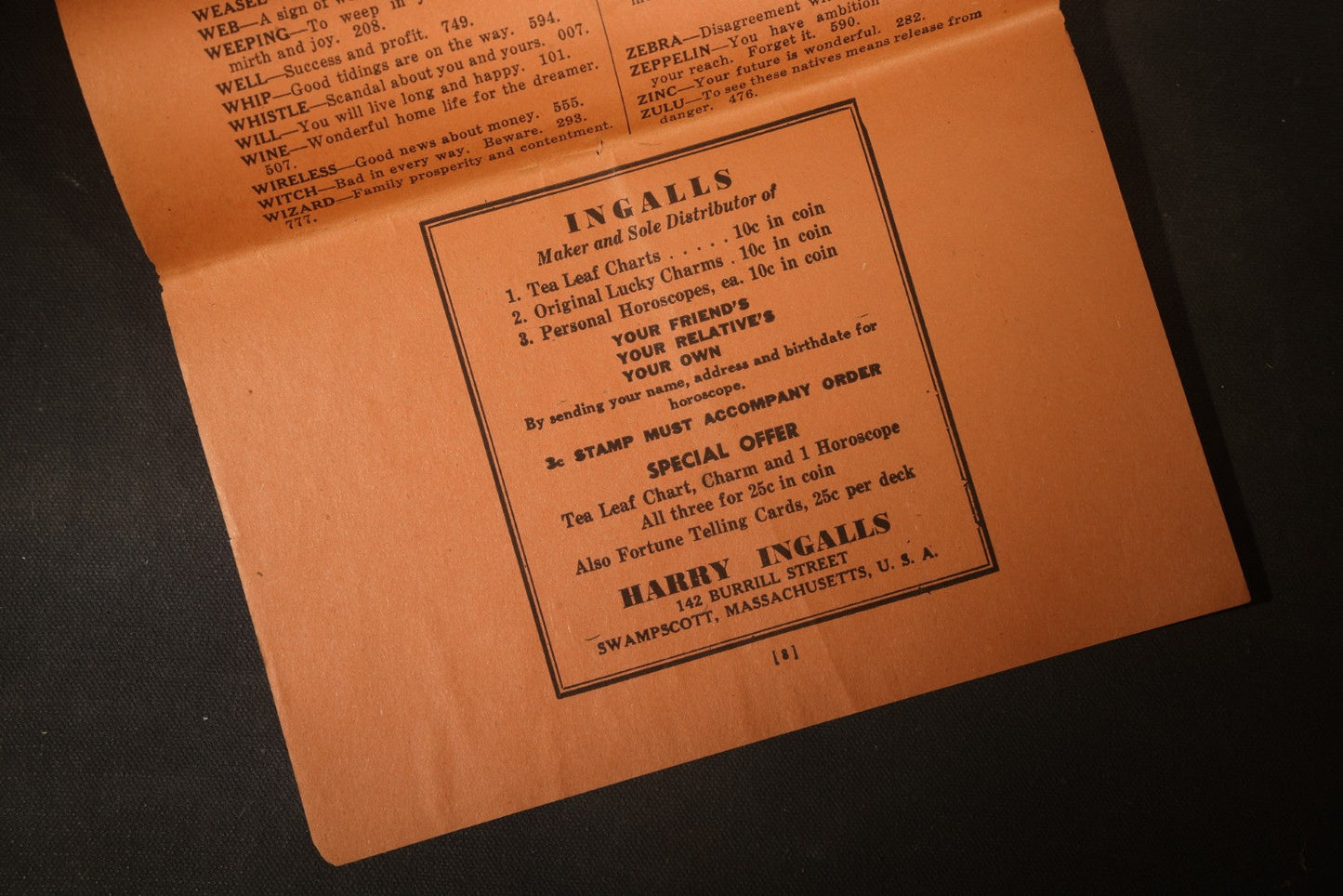 Vintage "Dream Book" Booklet by Prof. Ingalls with Over 500 Dream Interpretations and Lucky Numbers, Published by Harry Ingalls, Swampscott, Massachusetts