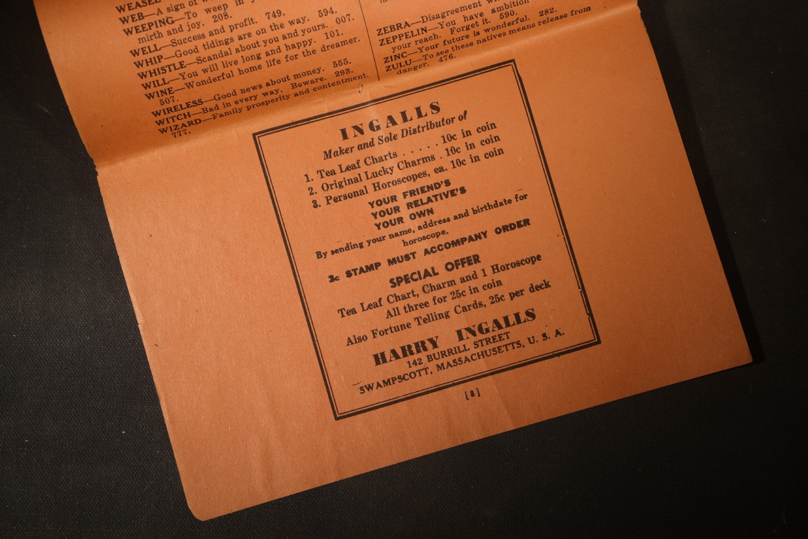 Vintage "Dream Book" Booklet by Prof. Ingalls with Over 500 Dream Interpretations and Lucky Numbers, Published by Harry Ingalls, Swampscott, Massachusetts