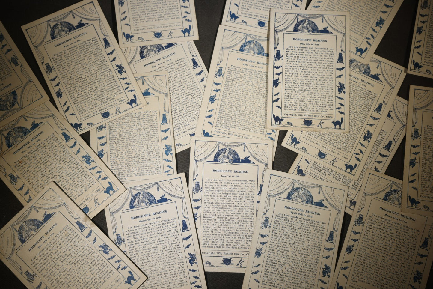 Grouping of 19 Antique Horoscope Reading Arcade Cards with Various Dates, Printed by Exhibit Supply Co., Chicago, Illinois, Copyright 1925