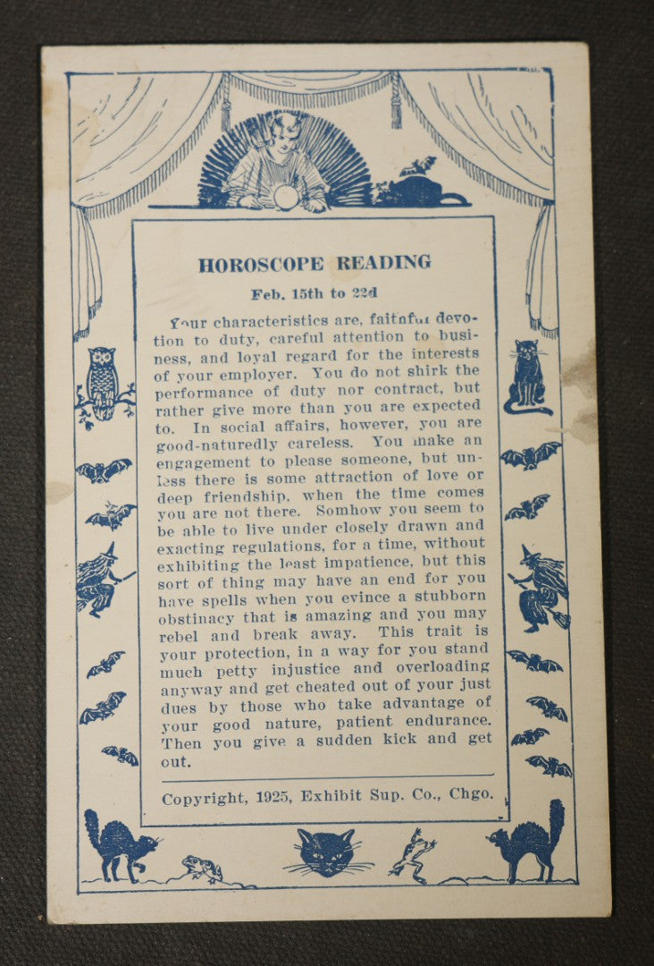 Grouping of 19 Antique Horoscope Reading Arcade Cards with Various Dates, Printed by Exhibit Supply Co., Chicago, Illinois, Copyright 1925