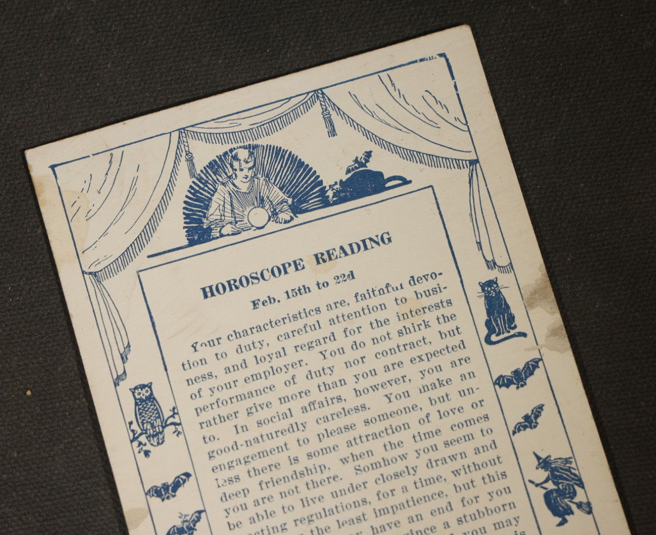 Grouping of 19 Antique Horoscope Reading Arcade Cards with Various Dates, Printed by Exhibit Supply Co., Chicago, Illinois, Copyright 1925