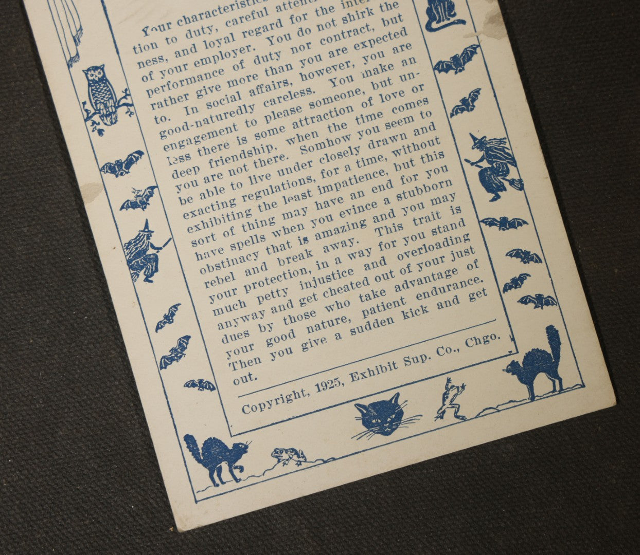 Grouping of 19 Antique Horoscope Reading Arcade Cards with Various Dates, Printed by Exhibit Supply Co., Chicago, Illinois, Copyright 1925