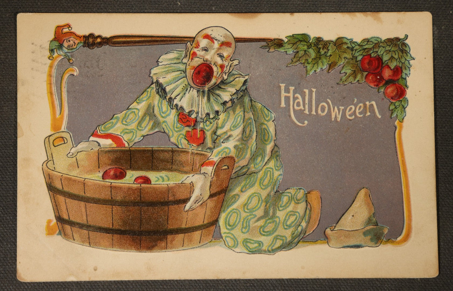 Antique Halloween Postcard with Clown Bobbing for Apples, Printed in Germany, L. & E. Series 2929, Postmarked 1909, Chicago, Illinois Armour Station