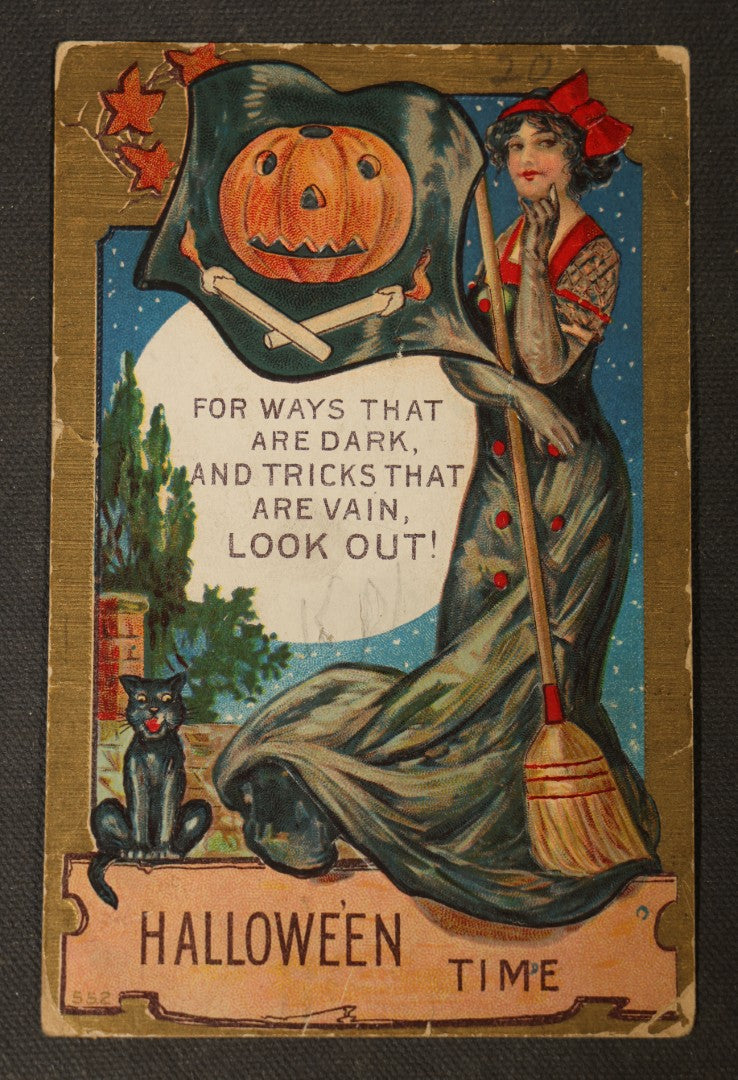 Antique Halloween Postcard with Jack-O-Lantern, Witch with Broom, and Black Cat, "Hallowe'en Time," No. 552, Postmarked 1910, Paducah, Kentucky