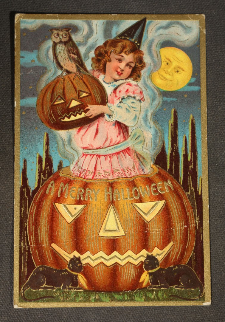 Antique Halloween Postcard with Girl, Owl, Jack-O-Lanterns, Black Cats, and Man in the Moon, "A Merry Halloween," Postmarked 1910, Black River Falls, Wisconsin
