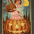 Lot 111 - Antique Halloween Postcard with Girl, Owl, Jack-O-Lanterns, Black Cats, and Man in the Moon, "A Merry Halloween," Postmarked 1910, Black River Falls, Wisconsin