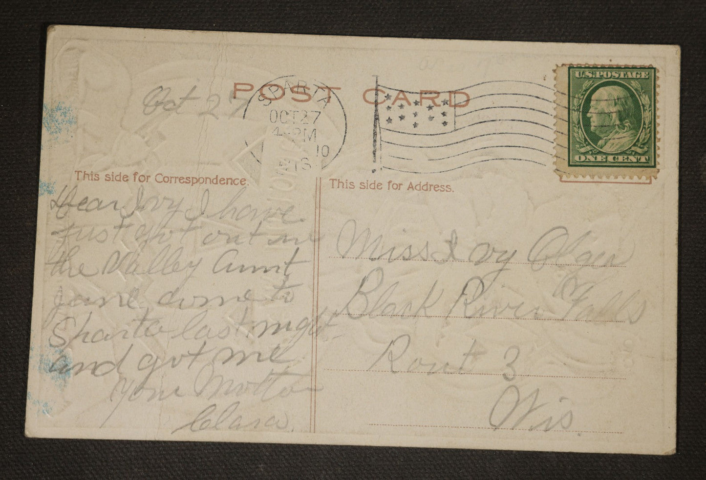 Antique Halloween Postcard with Girl, Owl, Jack-O-Lanterns, Black Cats, and Man in the Moon, "A Merry Halloween," Postmarked 1910, Black River Falls, Wisconsin