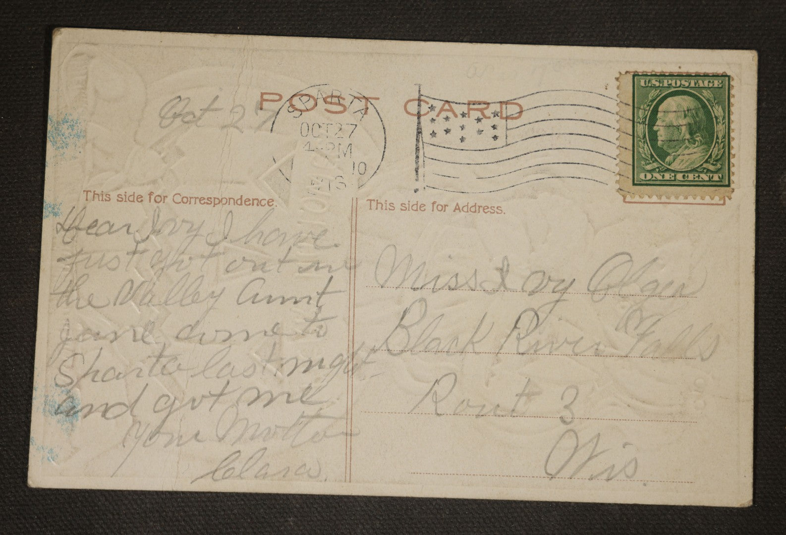 Antique Halloween Postcard with Girl, Owl, Jack-O-Lanterns, Black Cats, and Man in the Moon, "A Merry Halloween," Postmarked 1910, Black River Falls, Wisconsin