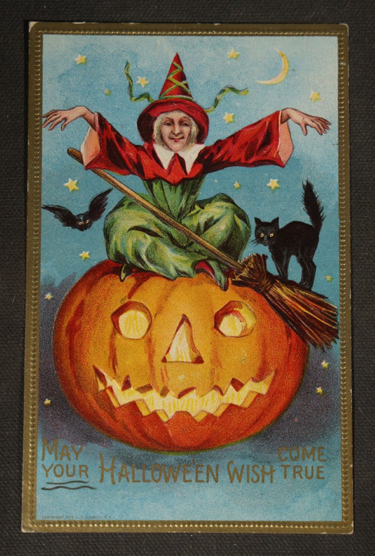 Antique Halloween Postcard with Jack-O-Lantern, Witch with Broom, Black Cat, and Owl, "May Your Hallowe'en Wish Come True," No. 249, Addressed to Newport, Vermont