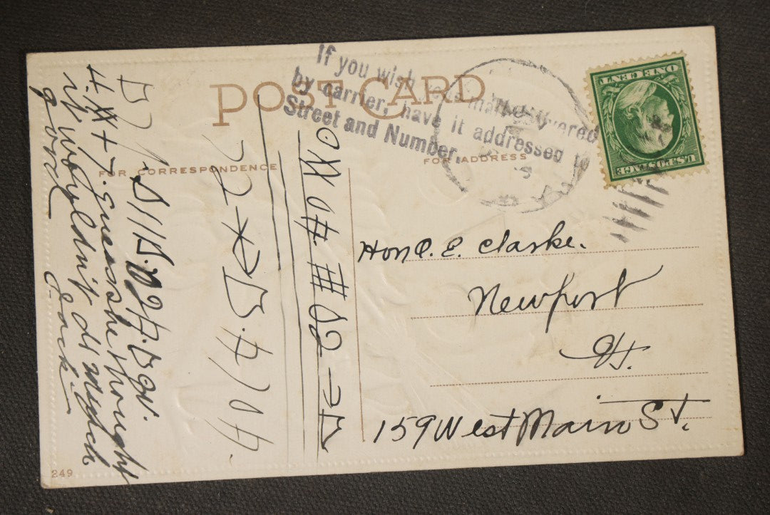 Antique Halloween Postcard with Jack-O-Lantern, Witch with Broom, Black Cat, and Owl, "May Your Hallowe'en Wish Come True," No. 249, Addressed to Newport, Vermont