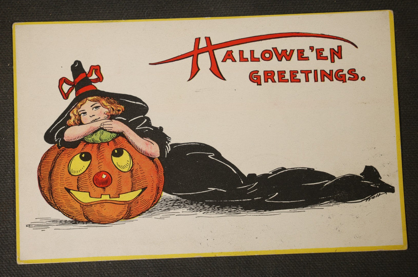 Antique Halloween Postcard with Girl in Witch Costume and Jack-O-Lantern, "Hallowe'en Greetings," Published by The Gibson Art Co., Cincinnati, Ohio, Postmarked 1912, Cos Cob, Connecticut