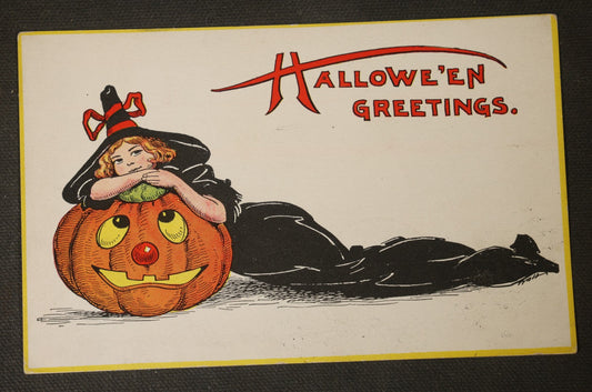 Antique Halloween Postcard with Girl in Witch Costume and Jack-O-Lantern, "Hallowe'en Greetings," Published by The Gibson Art Co., Cincinnati, Ohio, Postmarked 1912, Cos Cob, Connecticut