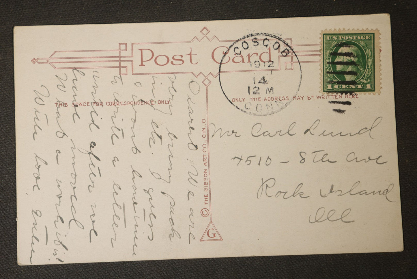 Antique Halloween Postcard with Girl in Witch Costume and Jack-O-Lantern, "Hallowe'en Greetings," Published by The Gibson Art Co., Cincinnati, Ohio, Postmarked 1912, Cos Cob, Connecticut
