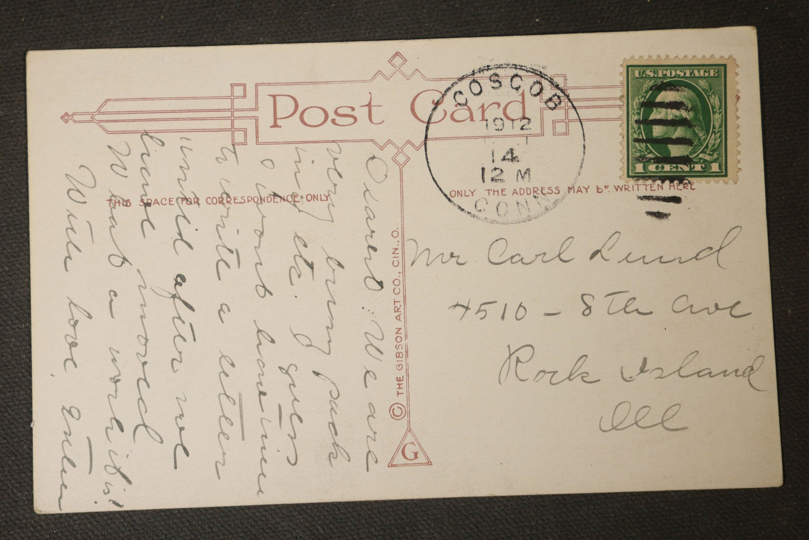 Antique Halloween Postcard with Girl in Witch Costume and Jack-O-Lantern, "Hallowe'en Greetings," Published by The Gibson Art Co., Cincinnati, Ohio, Postmarked 1912, Cos Cob, Connecticut
