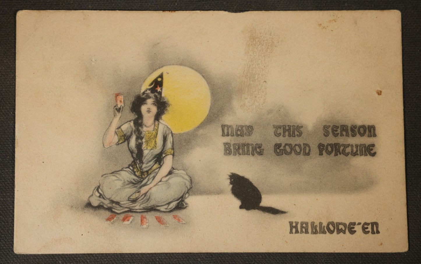 Antique Halloween Postcard with Witch Holding Fortune Telling Cards, Black Cat, and Full Moon, "May This Season Bring Good Fortune," "Hallowe'en," Postmarked 1911, Cincinnati, Ohio