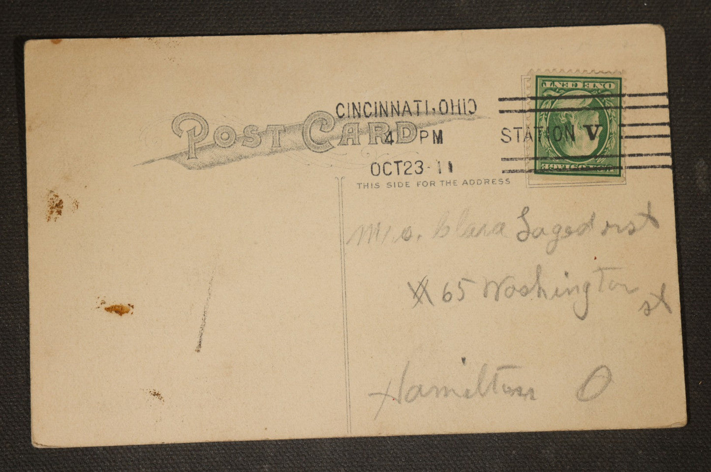 Antique Halloween Postcard with Witch Holding Fortune Telling Cards, Black Cat, and Full Moon, "May This Season Bring Good Fortune," "Hallowe'en," Postmarked 1911, Cincinnati, Ohio