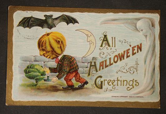 Antique Halloween Postcard with Jack-O-Lantern Boy, Ghost, Bat, and Crescent Moon, "All Hallowe'en Greetings," No. 2097, Copyright 1909 B. Hofmann, Printed in Germany, Postmarked October 30, Converse, Indiana