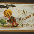 Lot 115 - Antique Halloween Postcard with Jack-O-Lantern Boy, Ghost, Bat, and Crescent Moon, "All Hallowe'en Greetings," No. 2097, Copyright 1909 B. Hofmann, Printed in Germany, Postmarked October 30, Converse, Indiana