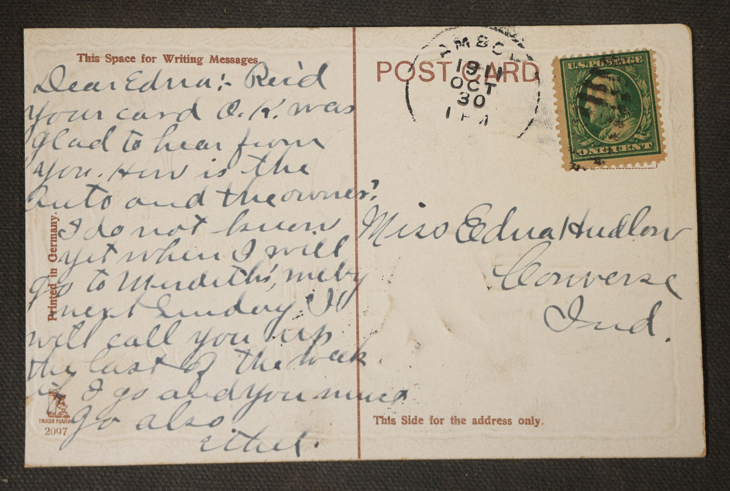Antique Halloween Postcard with Jack-O-Lantern Boy, Ghost, Bat, and Crescent Moon, "All Hallowe'en Greetings," No. 2097, Copyright 1909 B. Hofmann, Printed in Germany, Postmarked October 30, Converse, Indiana