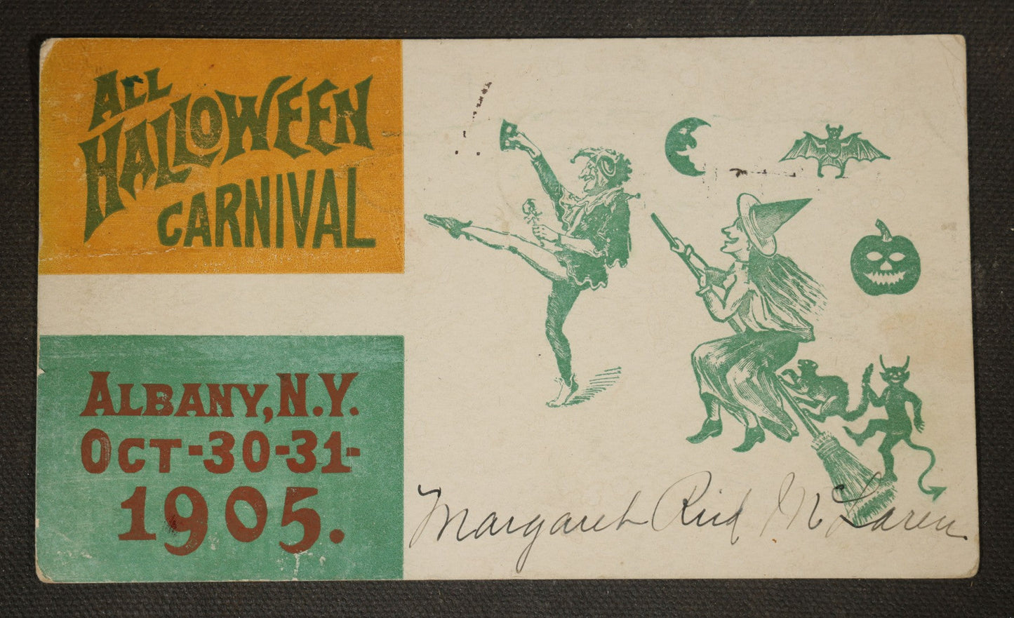 Antique Halloween Carnival Postcard with Witch on Broomstick, Jack-O-Lantern, Devil, Bat, and Crescent Moon, "ACL Halloween Carnival," Albany, New York, Postmarked 1905, Gloversville, New York