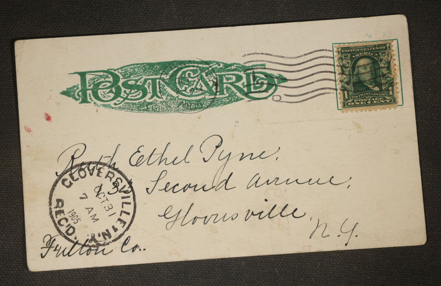 Antique Halloween Carnival Postcard with Witch on Broomstick, Jack-O-Lantern, Devil, Bat, and Crescent Moon, "ACL Halloween Carnival," Albany, New York, Postmarked 1905, Gloversville, New York