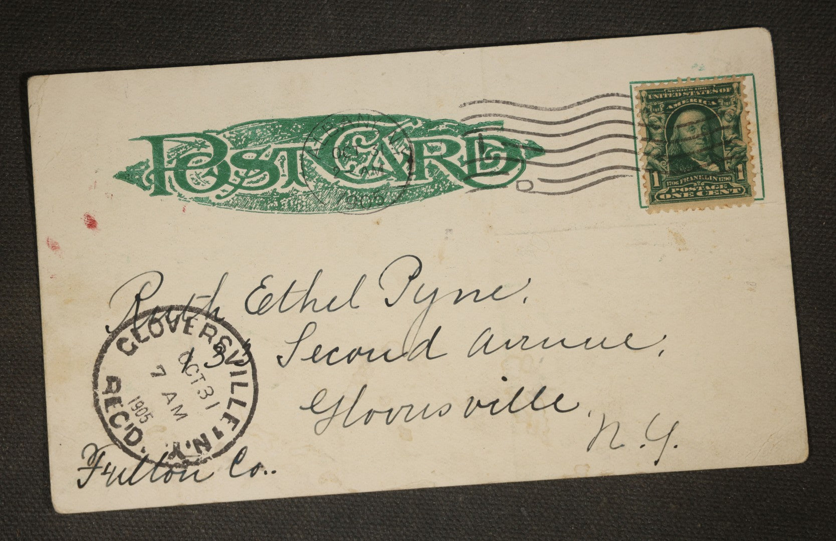 Antique Halloween Carnival Postcard with Witch on Broomstick, Jack-O-Lantern, Devil, Bat, and Crescent Moon, "ACL Halloween Carnival," Albany, New York, Postmarked 1905, Gloversville, New York
