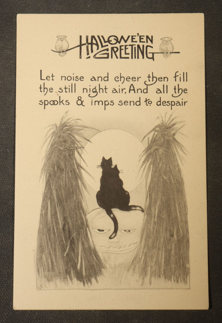 Antique Halloween Postcard with Black Cat, Jack-O-Lantern, Owls, Corn Shocks, and Full Moon, "Hallowe'en Greeting," Unused