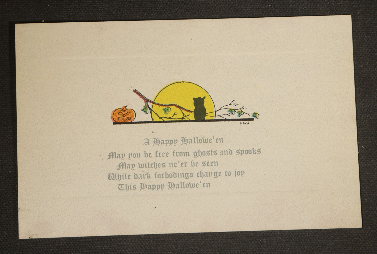 Antique Halloween Postcard with Jack-O-Lantern, Owl, and Full Moon, "A Happy Hallowe'en," No. 2500, Made in U.S.A., Unused