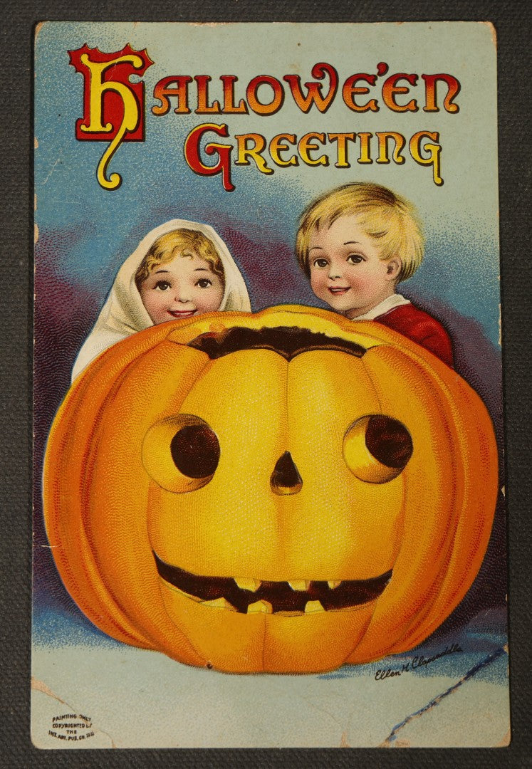 Antique Halloween Postcard with Jack-O-Lantern and Two Children, "Hallowe'en Greeting," Series No. 1393, Ellen H. Clapsaddle, Published by International Art Publishing Co., Postmarked 1913, Gardiner, Maine