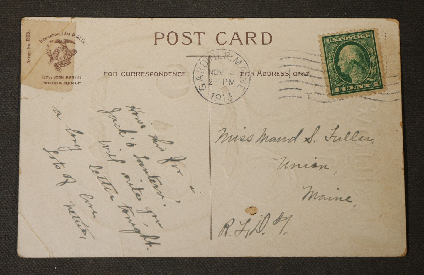 Antique Halloween Postcard with Jack-O-Lantern and Two Children, "Hallowe'en Greeting," Series No. 1393, Ellen H. Clapsaddle, Published by International Art Publishing Co., Postmarked 1913, Gardiner, Maine