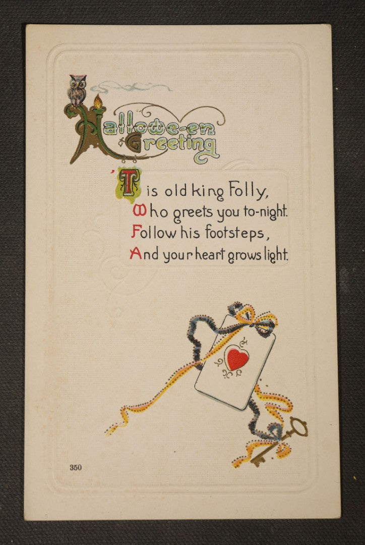 Antique Halloween Postcard with Owl, Ace of Hearts, and Key, "Hallowe-en Greeting," No. 350, Embossed, Unused