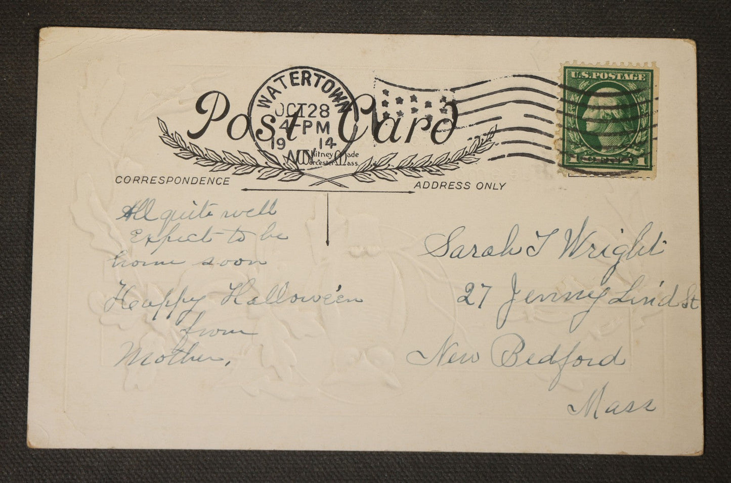 Antique Halloween Postcard with Owl, Full Moon, Bats, and Oak Leaves, "Who Dares Keep Hallowe'en with Me? Whoo! Whoo!" Whitney Made, Worcester, Massachusetts, Postmarked 1914, Watertown