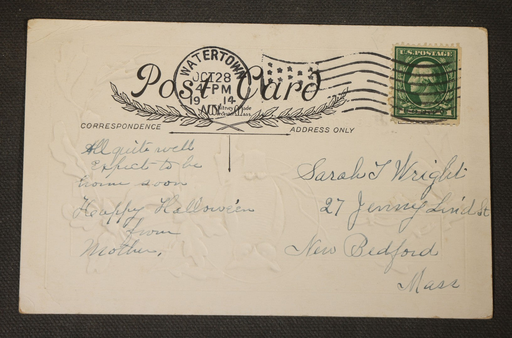 Antique Halloween Postcard with Owl, Full Moon, Bats, and Oak Leaves, "Who Dares Keep Hallowe'en with Me? Whoo! Whoo!" Whitney Made, Worcester, Massachusetts, Postmarked 1914, Watertown