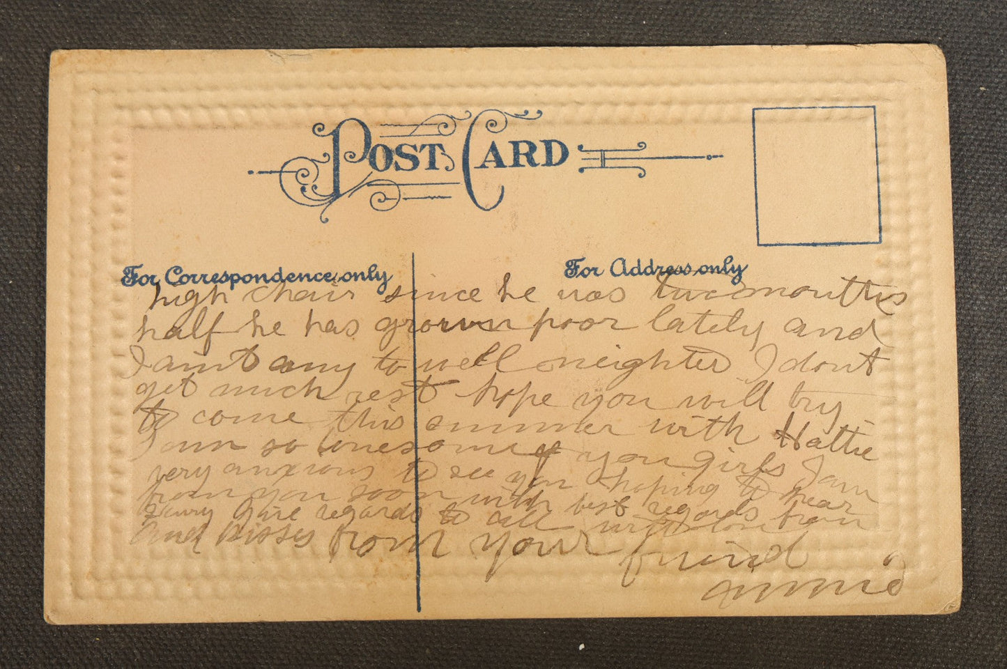 Grouping of Five Antique Embossed-Border Romantic Postcards with Photographic Vignettes of Couples including "I.O.U. A Kiss," "U.O.Me A Squeeze," and "It's There For You"