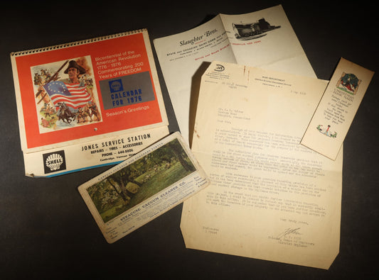 Grouping of Five Antique and Vintage Paper Ephemera including 1946 U.S. Army Corps of Engineers Brockway Reservoir Letter, 1976 Shell Bicentennial Calendar, Syracuse Vacuum Cleaner Co. Card, and Slaughter Bros. Dairy Letterhead