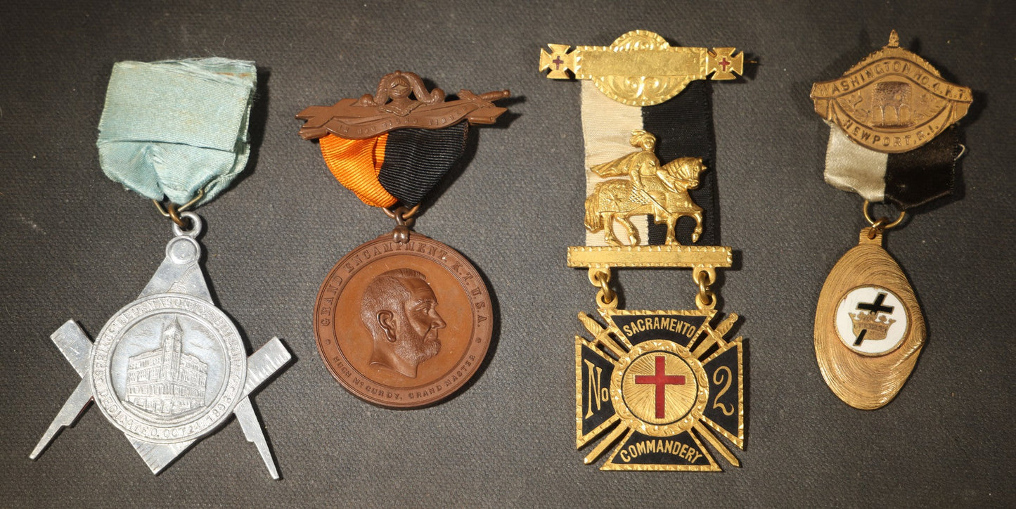 Grouping of Four Antique Masonic and Knights Templar Ribbon Medals including Washington No. 4 K.T. Newport, Rhode Island, Sacramento No. 2 Commandery, and Grand Encampment K.T. U.S.A. Hugh McCurdy Grand Master