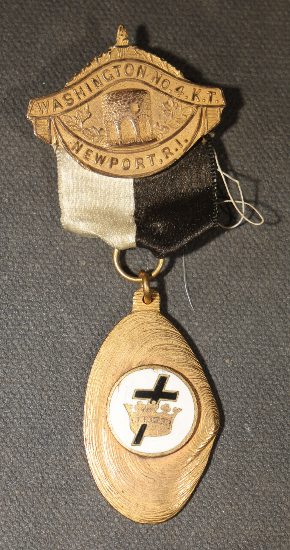 Grouping of Four Antique Masonic and Knights Templar Ribbon Medals including Washington No. 4 K.T. Newport, Rhode Island, Sacramento No. 2 Commandery, and Grand Encampment K.T. U.S.A. Hugh McCurdy Grand Master