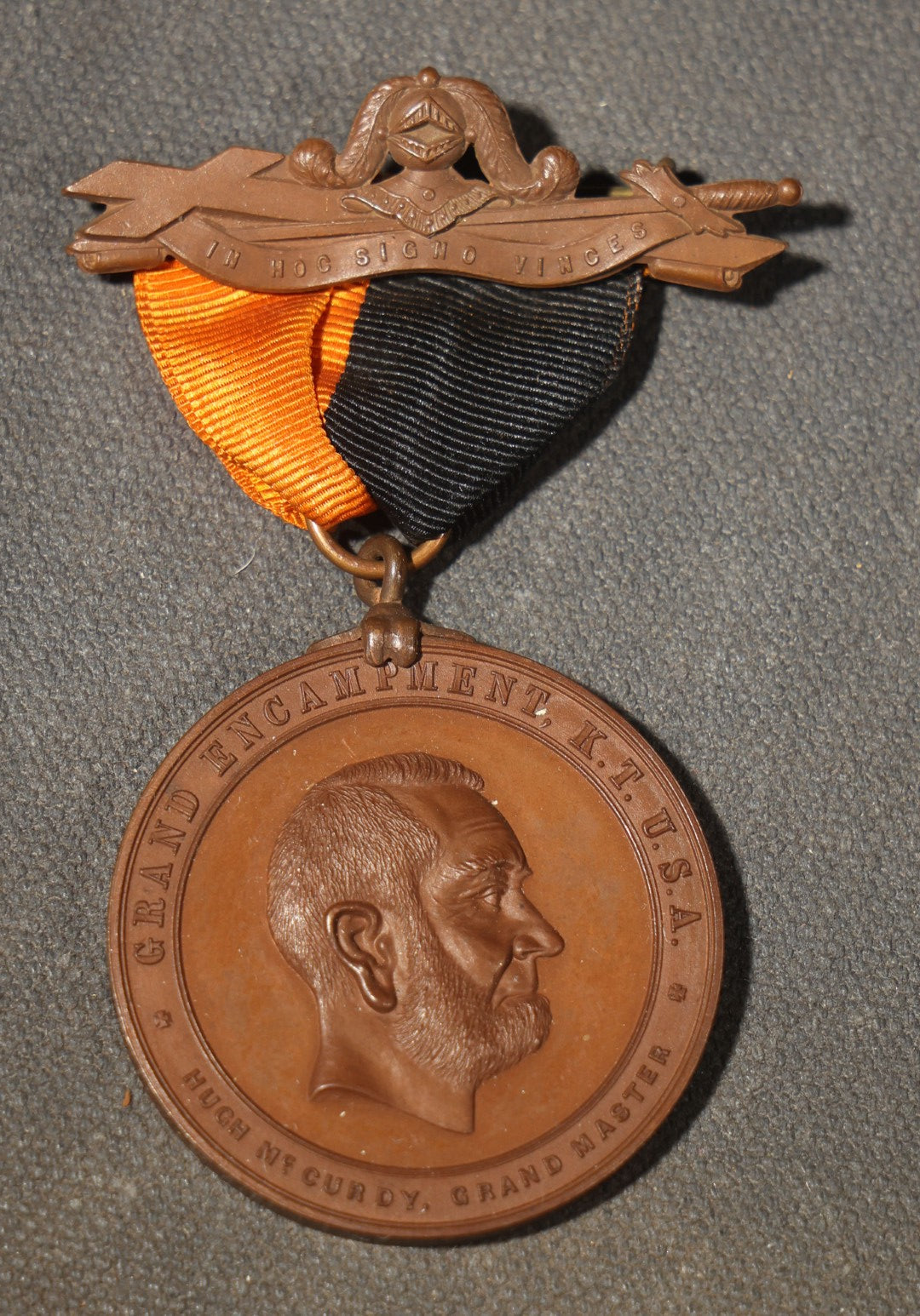 Grouping of Four Antique Masonic and Knights Templar Ribbon Medals including Washington No. 4 K.T. Newport, Rhode Island, Sacramento No. 2 Commandery, and Grand Encampment K.T. U.S.A. Hugh McCurdy Grand Master