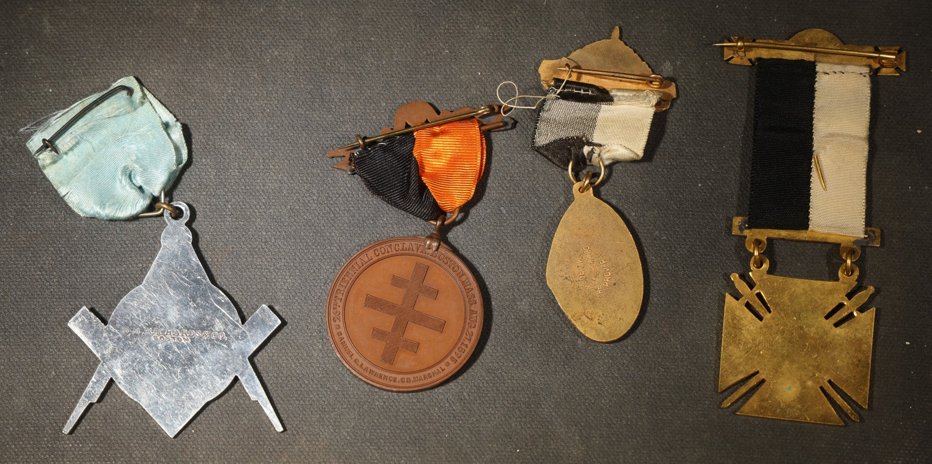 Grouping of Four Antique Masonic and Knights Templar Ribbon Medals including Washington No. 4 K.T. Newport, Rhode Island, Sacramento No. 2 Commandery, and Grand Encampment K.T. U.S.A. Hugh McCurdy Grand Master